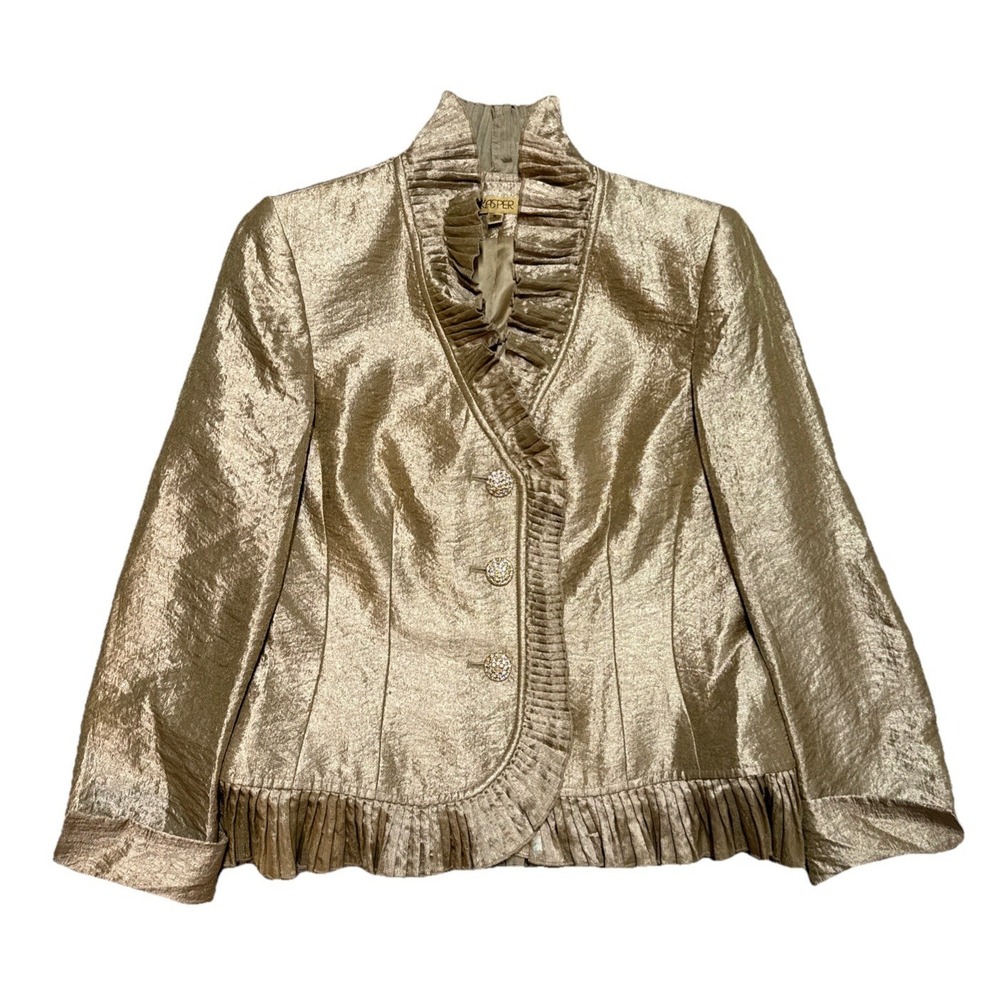 Vtg‎ Kasper Sleeve Crepe Gold Button Jacket Ruffle Trim Women's Size 8 Fancy